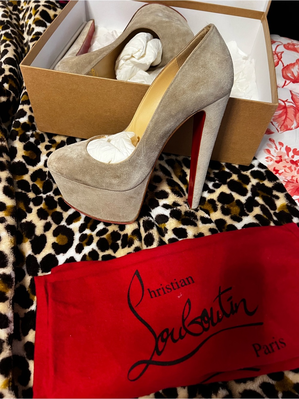Christian Louboutin Taupe Suede Platform Pumps with Red Sole